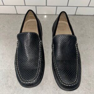 Ecco Men's Black Genuine Leather Perforated Loafers Sz 11 Excellent